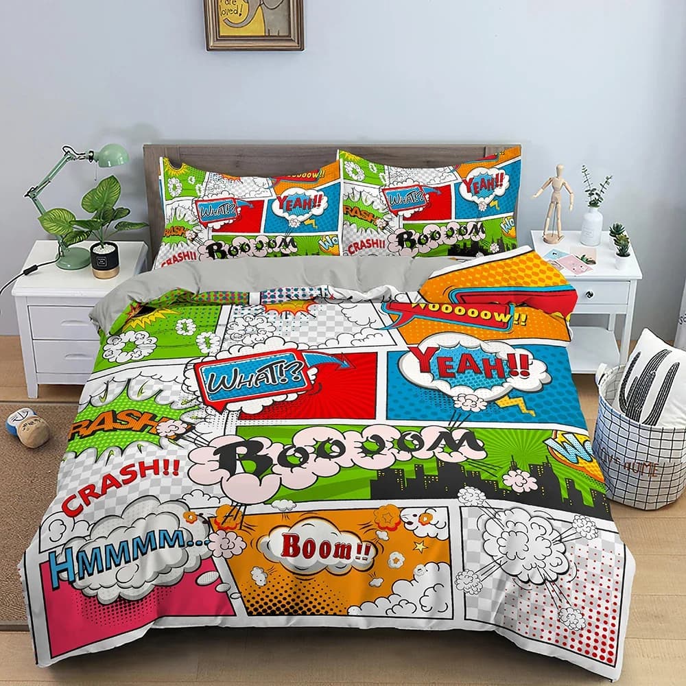 Copripiumino con motivo a fumetti Set di biancheria da letto Queen King Cartoon per bambini Ragazzi Ragazze Copripiumino in poliestere stile Hippie Hip Hop Rock