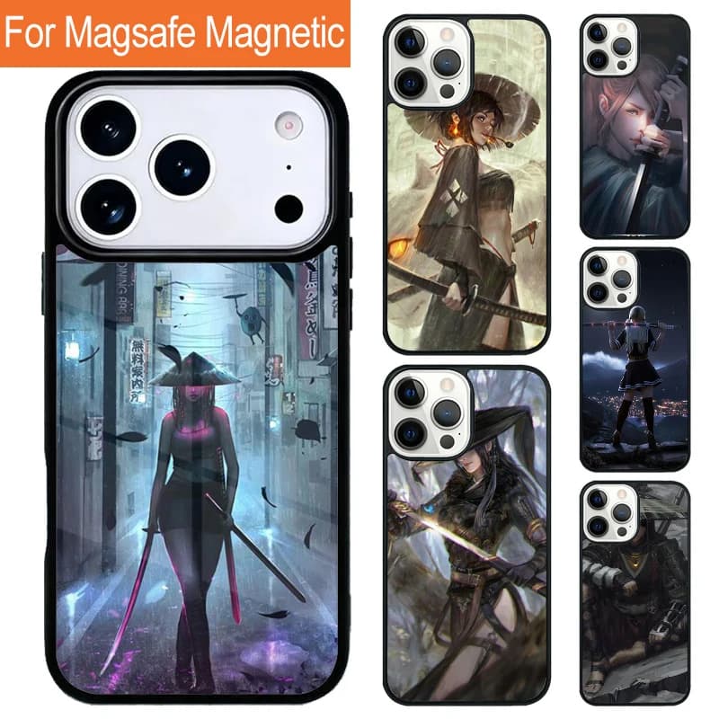 Anime girl samurai SOFT Magnetic Wireless Phone Case For iPhone 17 Pro 16 15 13 12 11 Pro Max Air 14 Plus With Magsafe Cover