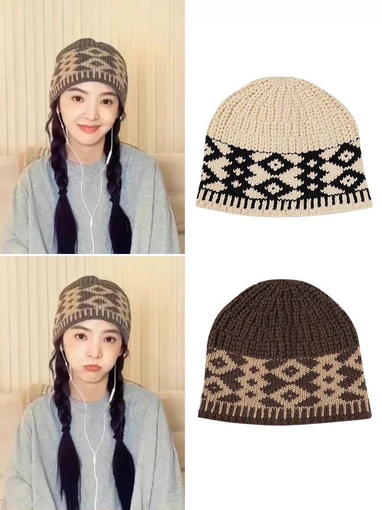 Zhang Ruoran Knitted Hat Women's Warm Ear Protection Face Slimming Autumn Winter Cap Casual Style Geometric Pattern Wool Blend