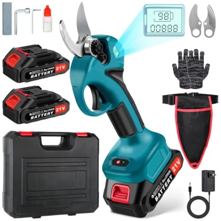 Forbici Elettriche Senza Fili con Display LCD, Lama SK5, Trimmer per Alberi, Diametro di Taglio 1,6 Pollici, 2 Batterie Ricaricabili da 2000mAh al Litio