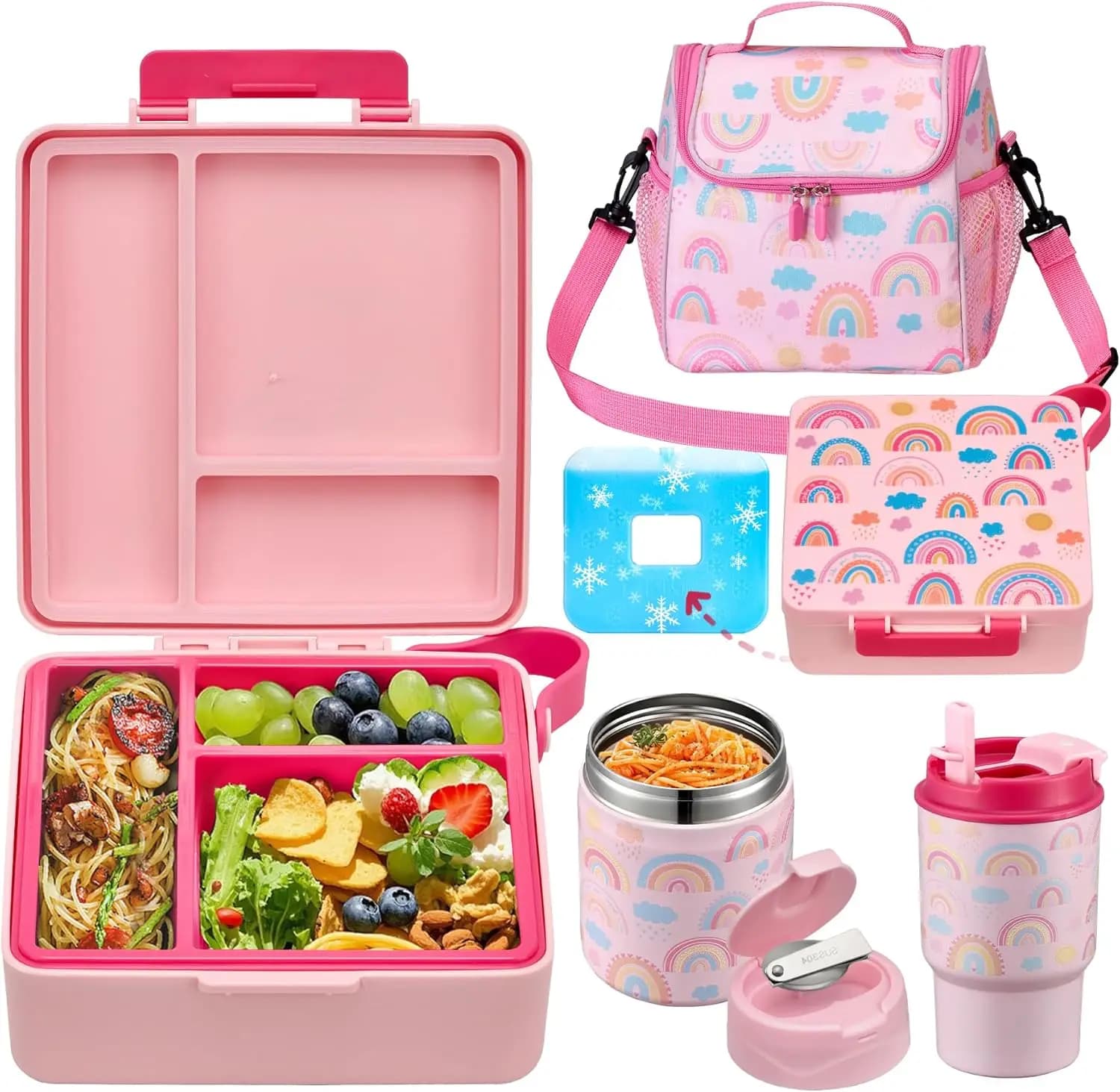 Set Pranzo Bento per Bambini con Thermos per Zuppa, Borraccia, Impacco Ghiaccio e Borsa, 3 Scomparti Anti-Perdita, Arcobaleno