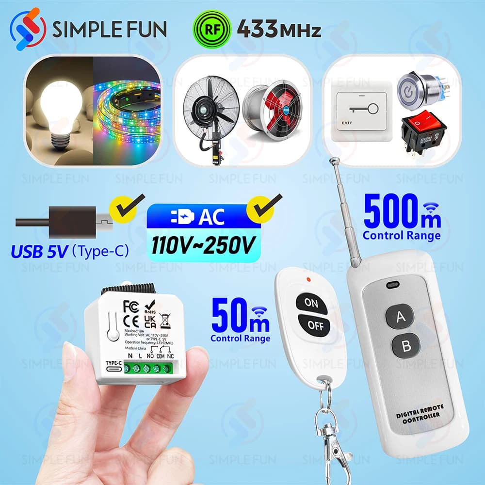 433MHz Wireless Remote Control Switch Dry Contact Relay Interruptor AC 220V 110V USB 5V 1CH 10A for Light/Fan/Door Electric Lock