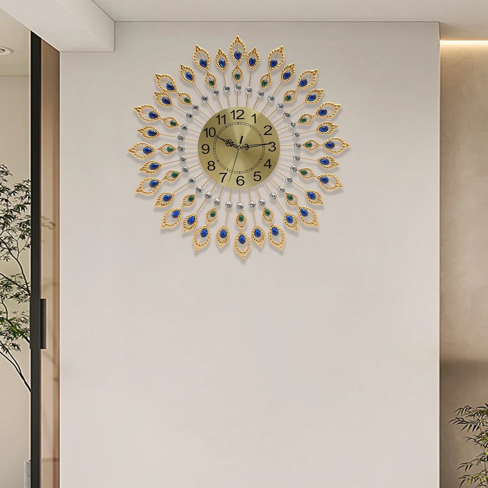 26.37 inch extra large modern wall clock in golden metal with acrylic diamonds, silent quartz movement without ticking for living room