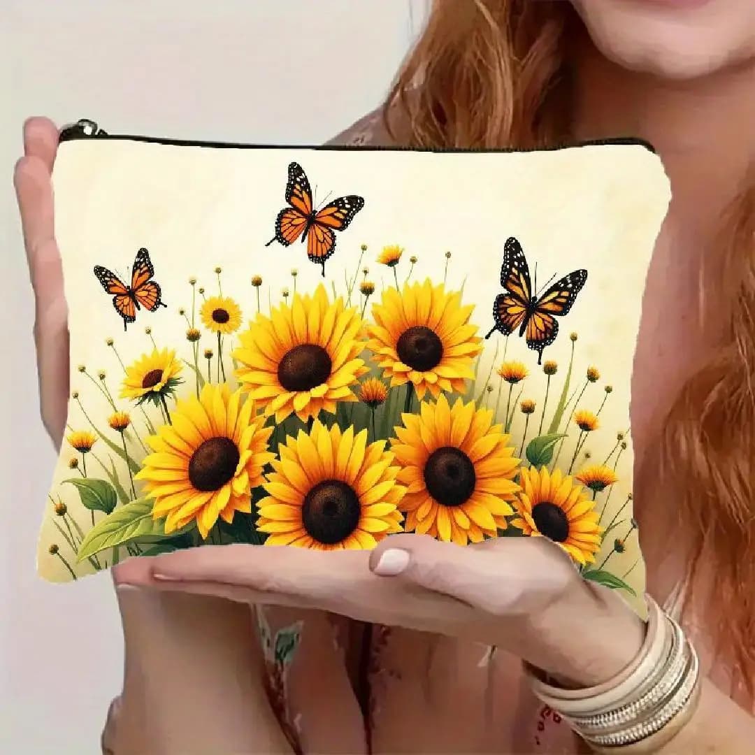 A Makeup Bag with Gorgeous Sunflower and Butterfly Print- multifunctional zipper pouch, jewelry storage bag, perfect travel zipp