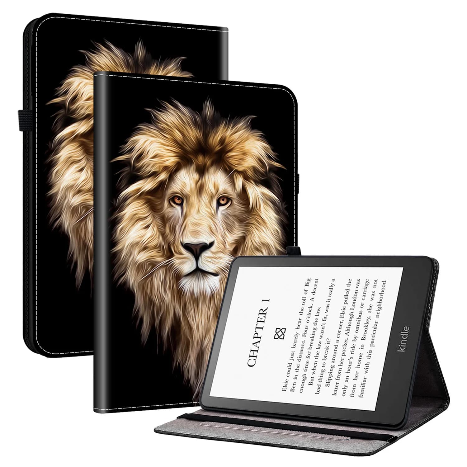 For Amazon Kindle Paperwhite (2021) Leather Case Pattern Printed Stand Tablet Cover with Card Slots - Lion Head