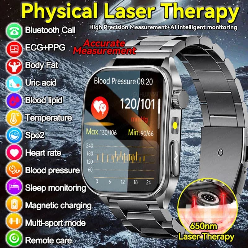 2025 Nuova pressione sanguigna 650nm Terapia laser Diagnosi Smartwatch Uomo Donna Orologio Acido urico Lipido Frequenza cardiaca Smart Watch IOS