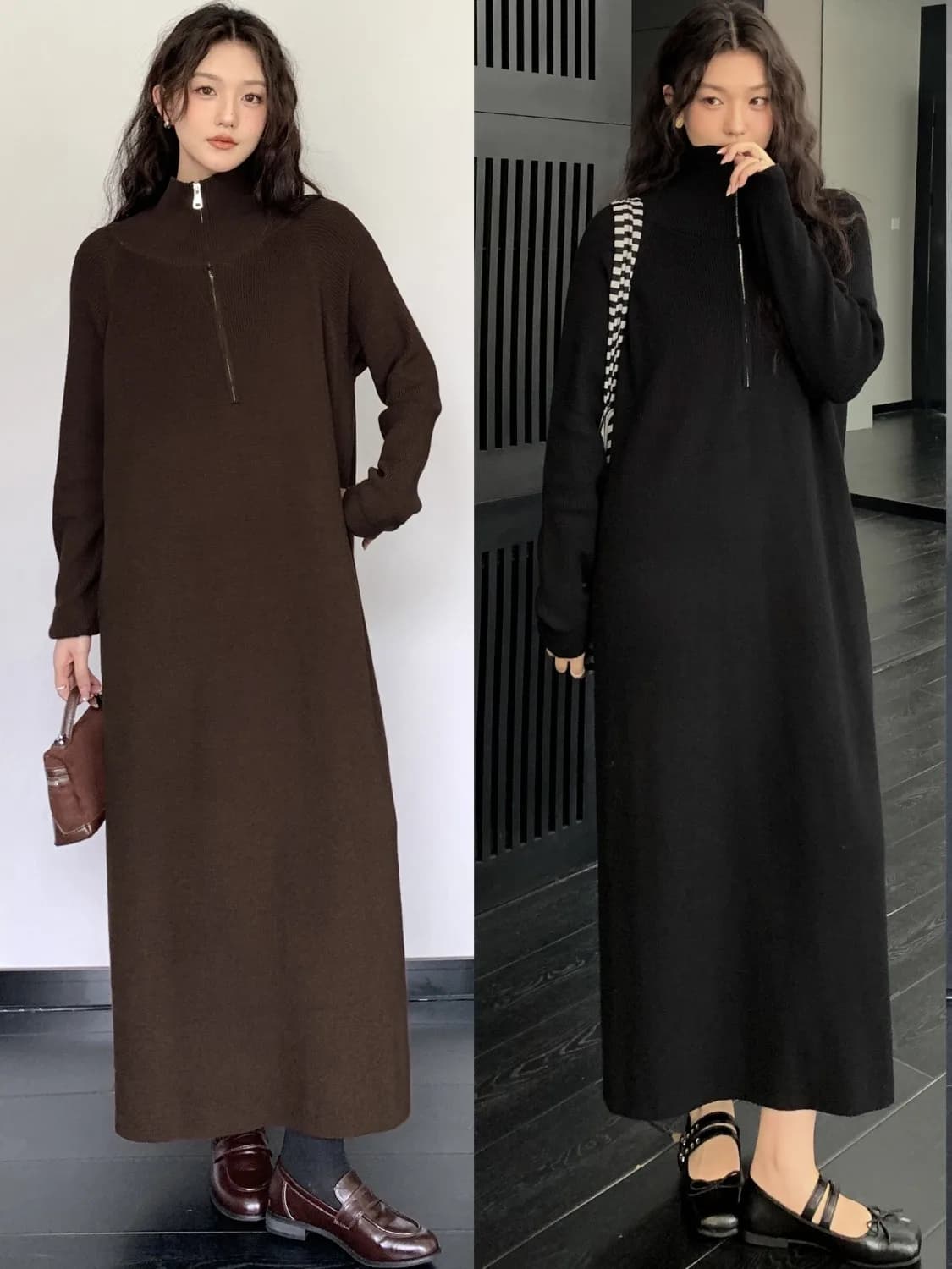 Fall Winter plus Size Fashionable Knitted Dress Zipper Half Collar Versatile Sweater Dress Elegant Sister Casual Commute Style