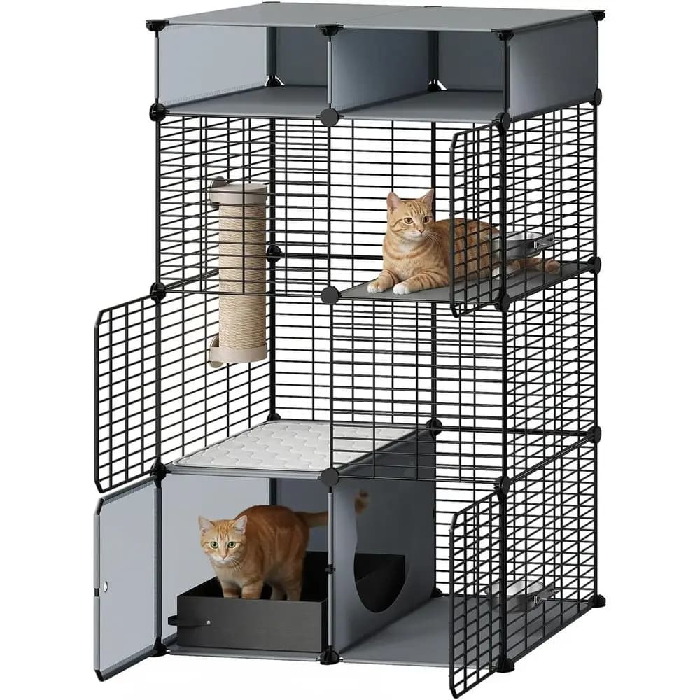 Gabbia per Gatti con Lettiera, Recinto Interno a 3 Livelli, Contenitore, Ciotole per Cibo, Tiragraffi, Cuccia in Rete Metallica Rimovibile