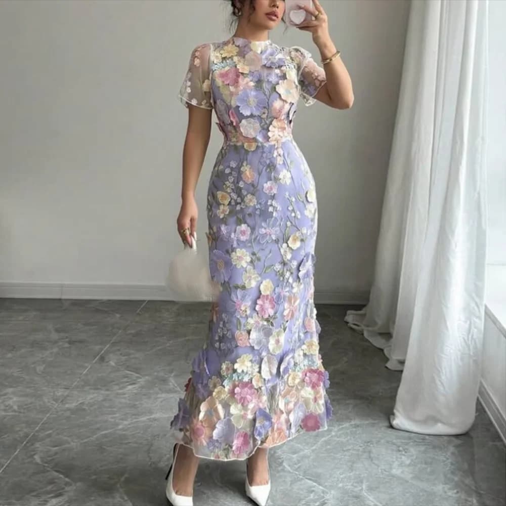 Customized High Neck Midi Evening Dresses Short Sleeve 3D Lace Appliques Tea-Length mermaid Formal Prom Gown Modern Party Dress