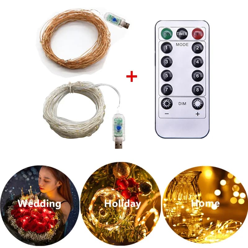Luci a Stringa LED USB 2M/5M/10M/20M con 8 Modalità e Telecomando, Ghirlande Luminose per Matrimoni, Natale, Decorazioni Festive, Lampade per Capodanno