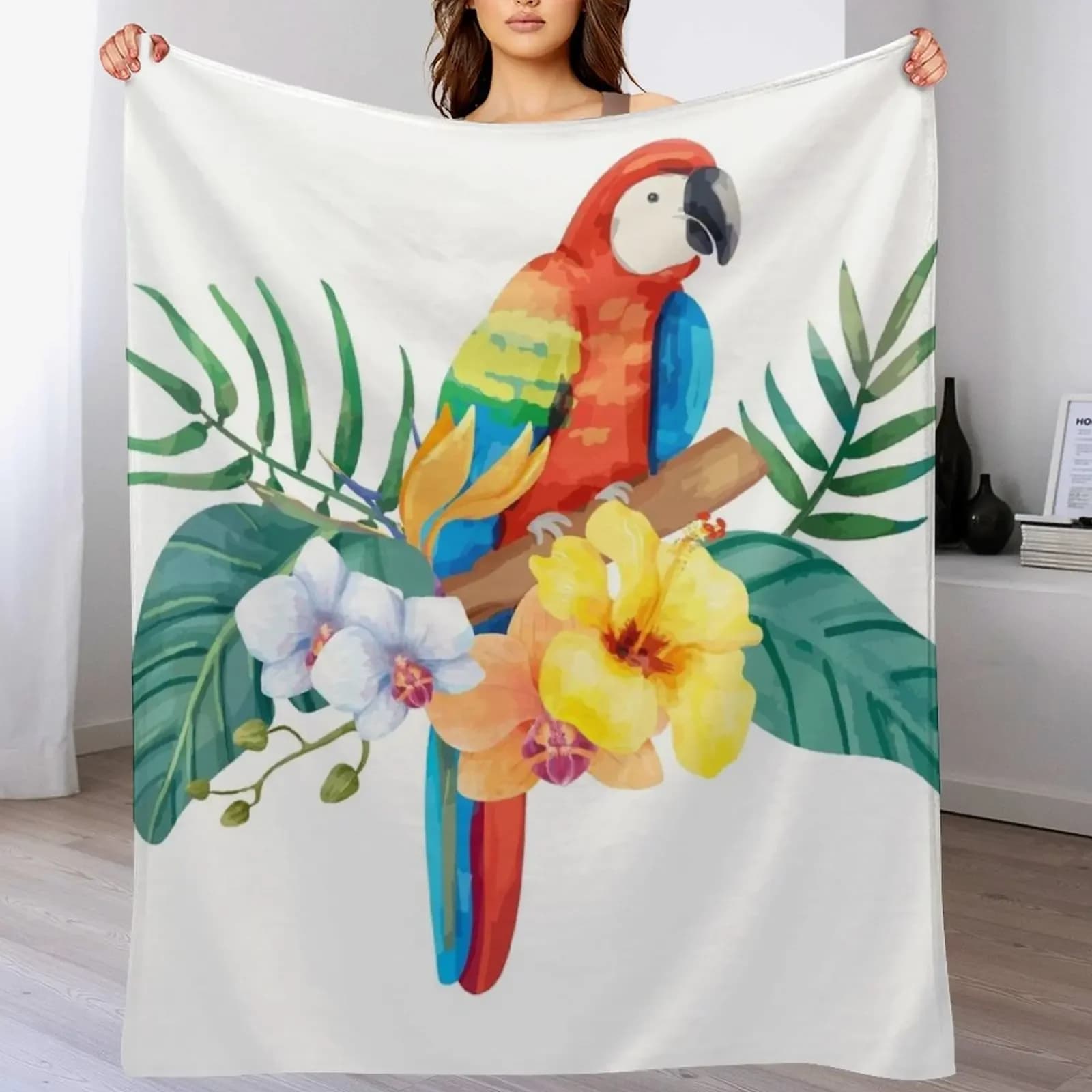 Shooting blanket with tropical parrot, soft Scottish blanket, sleeping bag, sofa covers