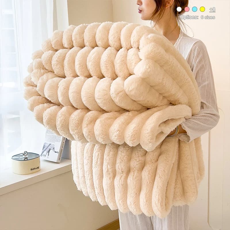 Dual Sided Striped Faux Rabbit Fur Throw Blanket,Ultra Soft Plush Warm Decorative Blanket for Sofa Couch Bed Living Room Bedroom