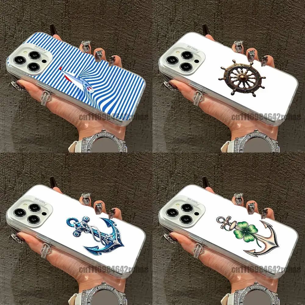 For Anchor Boat Ship Wheel Compass Logo Phone Case For iPhone 15 17 11 18 14 13 16 12 Pro Max Mini Plus White Silver Cover