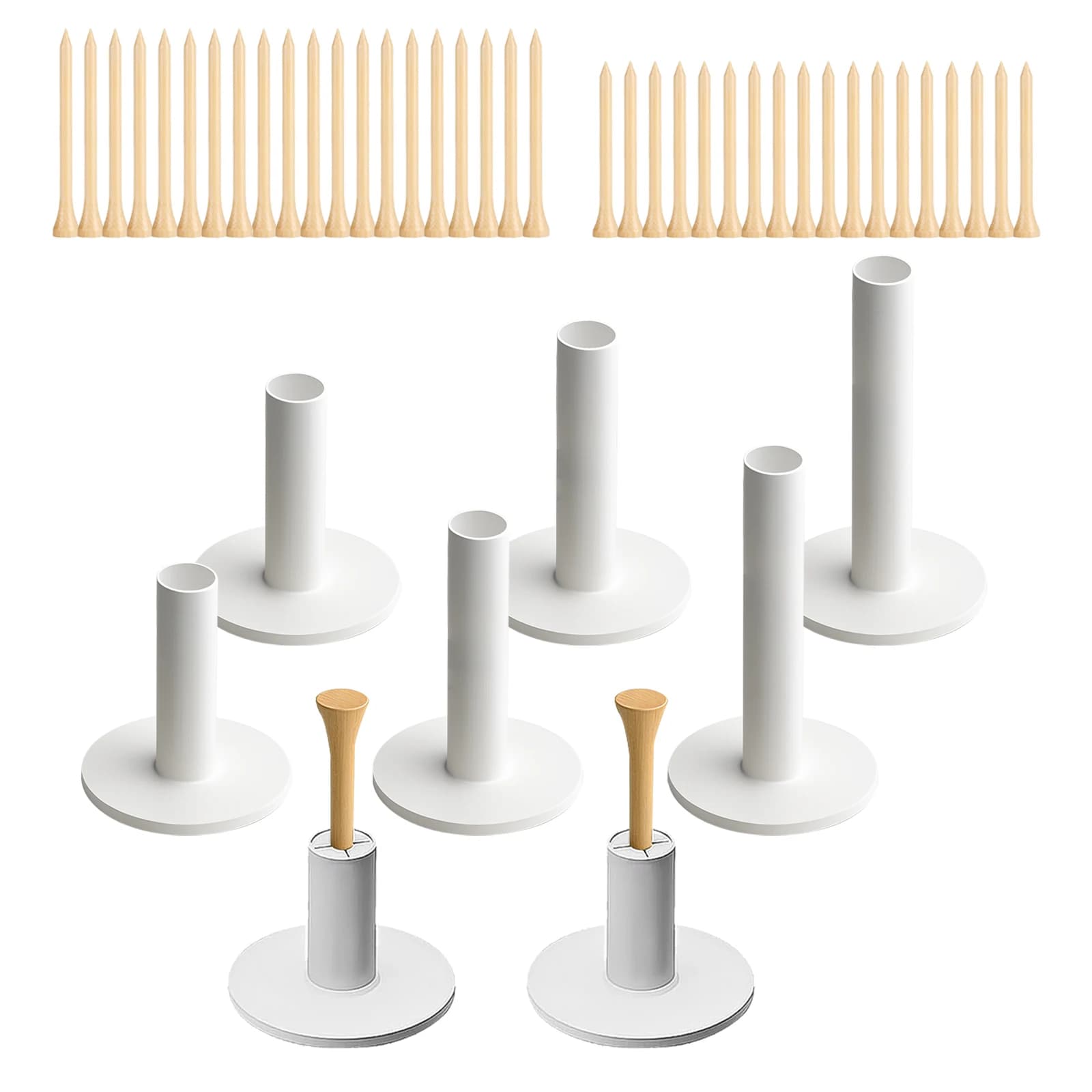 Tees in gomma per tappetini da golf, confezione da 48 – Include 8 tee in gomma e 40 tee in legno duro naturale, durevoli e portatili per colpire il golf Ma