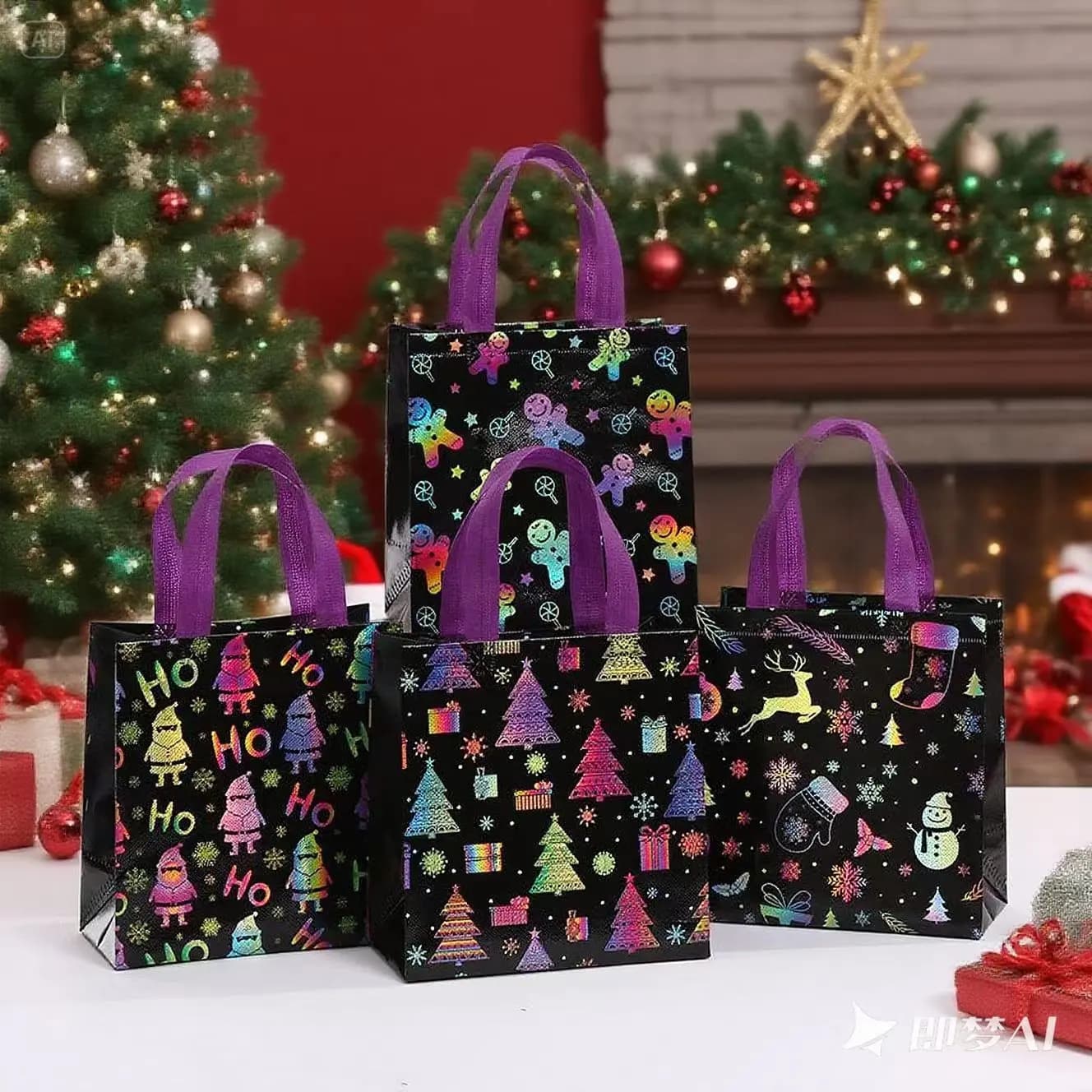 4 Pieces Colorful Christmas Non-woven Printed Hand-Held Gift Bags Festive Party Packaging Bags Shopping Bags