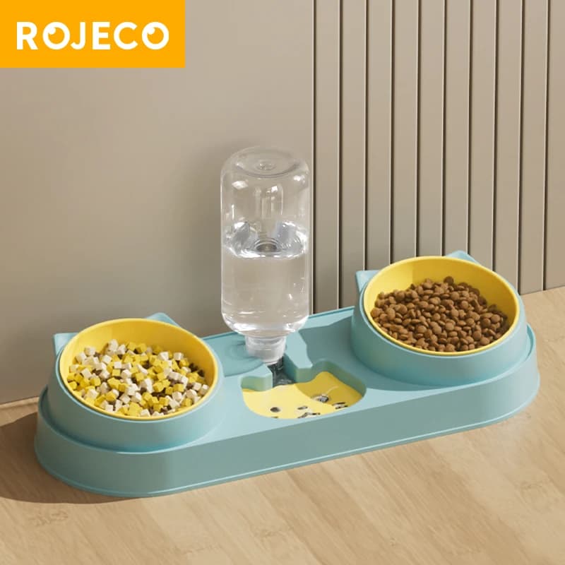 ROJECO Ciotole per animali domestici 3 in 1 con distributore d'acqua Ricarica automatica dell'acqua Doppi ciotole per alimentazione Separazione asciutta e bagnata Ciotole per alimenti per gatti
