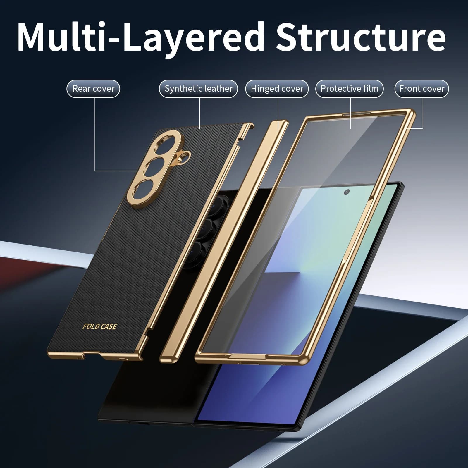 Custodia per telefono in pelle con bordo dorato con pellicola in acciaio per Samsung Galaxy Z Fold 7 6 5 4 3 Fold6 Protezione cerniera Cover antiurto