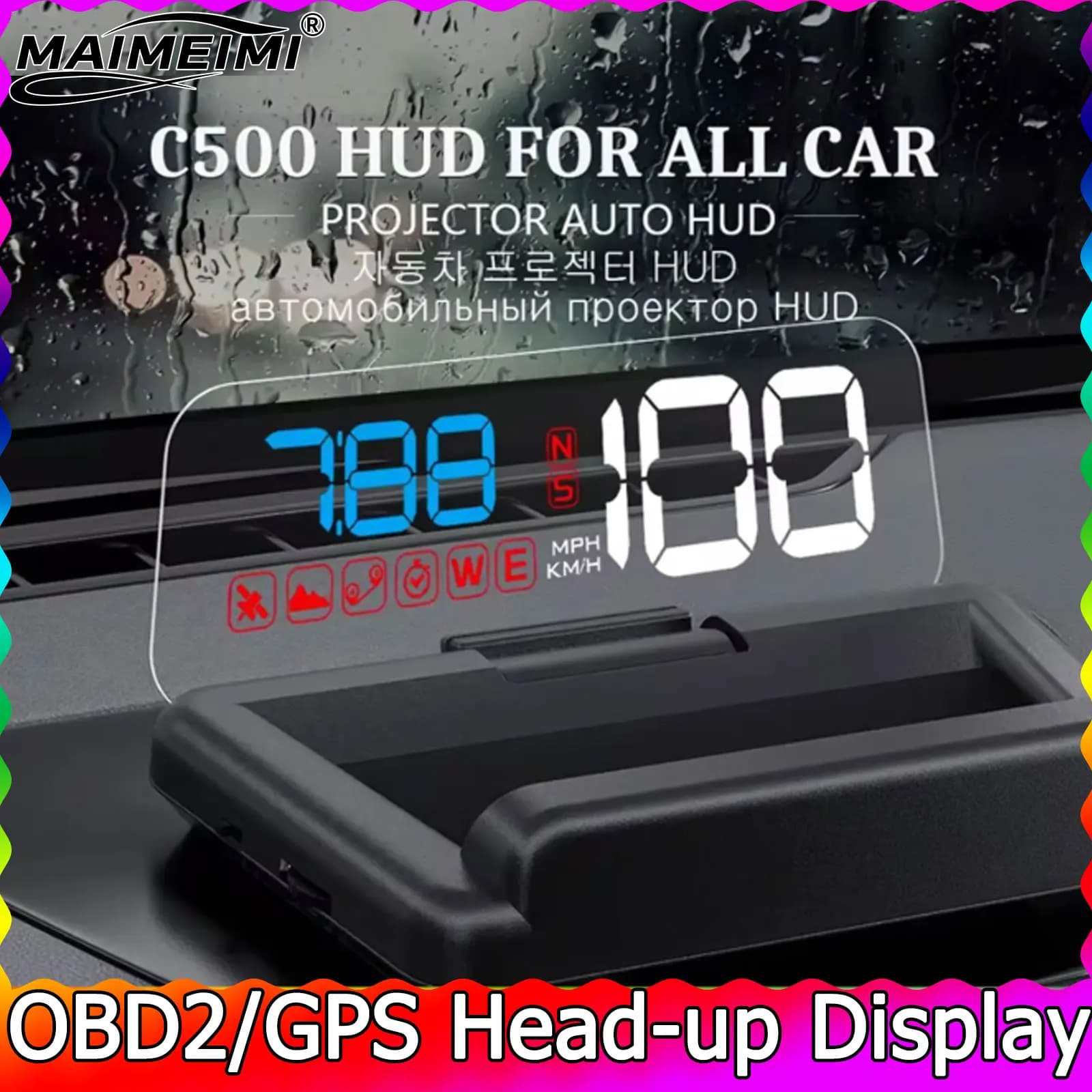 C500 OBD2 HUD con proiezione a specchio Display head-up digitale Velocità auto KM/H MPH Proiettore Computer di bordo Chilometraggio carburante RPM