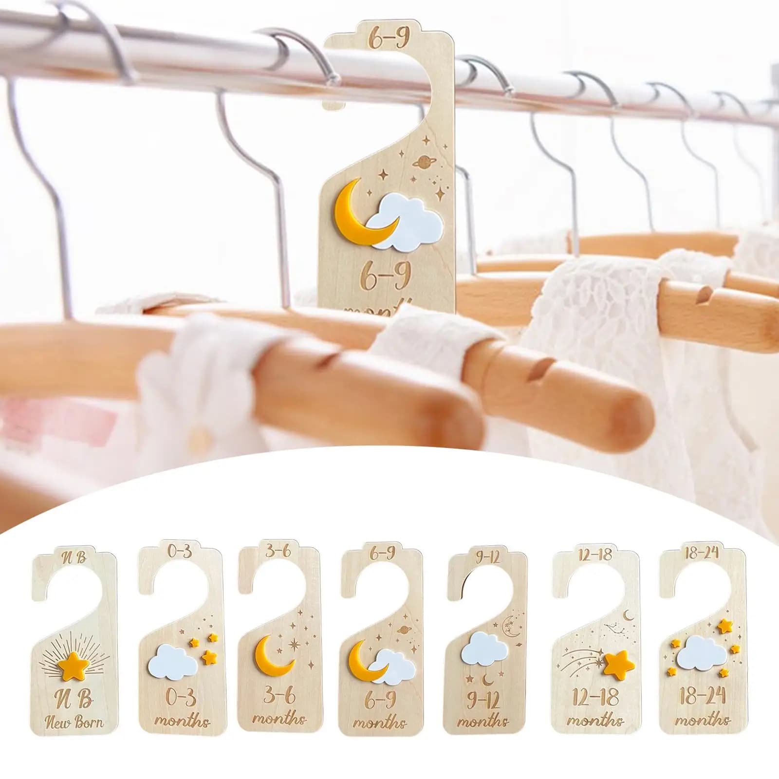 Divisori per guardaroba in legno per bambini Set da 7 pezzi Divisori per grucce in legno per organizer per vestiti per neonati da 24 mesi