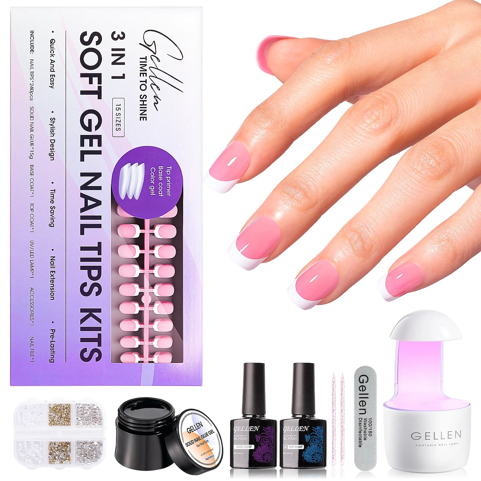 Kit Unghie in Gel GELLEN, Unghie Finte con Punta Francese, Lampada UV, Colla Solida, Decorazioni in Gel, Set Manicure Rosa Corto Quadrato, Strumenti Fai-da-Te