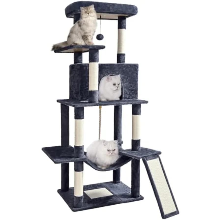 Torre per Gatti a 63 Pollici, Multi-Livello, per Gatti da Interno, con Tiragraffi in Sisal, Cuccia, Amaca, Pallina Sospesa e Estensione