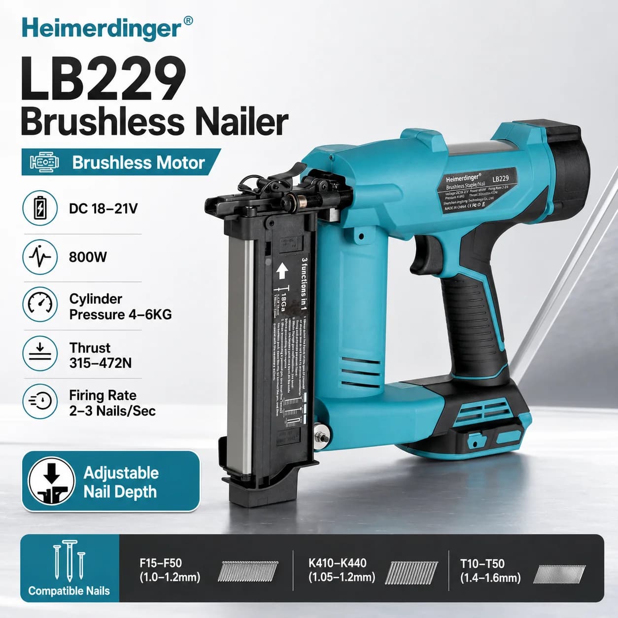 Heimerdinger 18V Brushless Cordless Nail Gun Stapler 800W 3-in-1 Brad Nailer Depth Adjustable Tool No battery