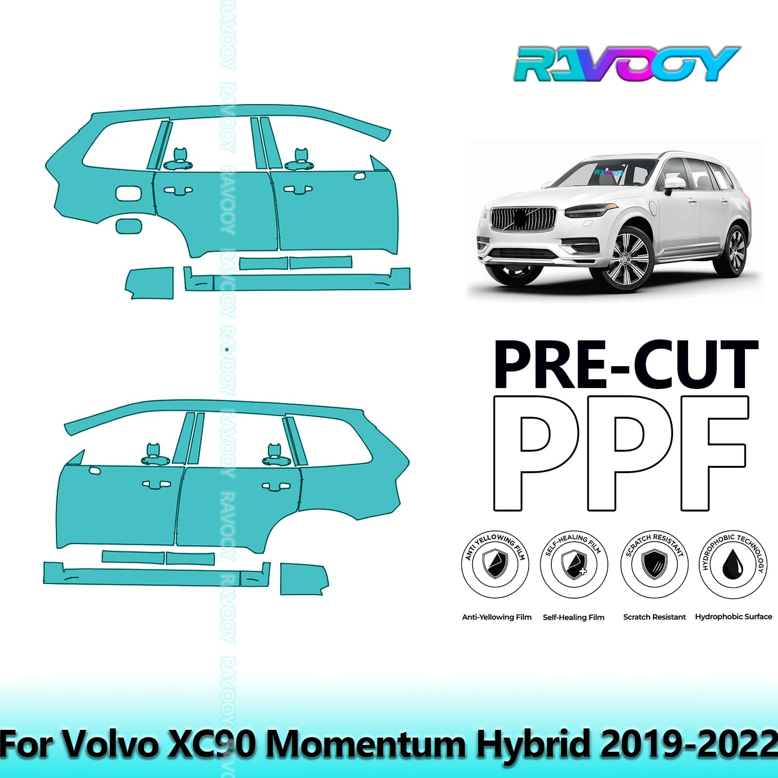 For Volvo XC90 Momentum Hybrid 2019-2022 8.5mil Transparent Pre-Cut PPF Door and Kit Pillar A/B Protection Film TPU