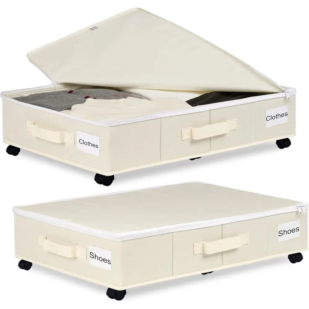 Set di 2 Scatole Portaoggetti Sottoletto con Ruote e Portaetichette - Beige