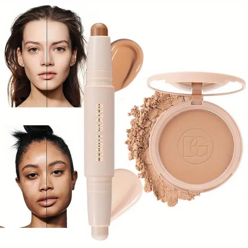 2 pezzi Set per il trucco del viso 2 in 1 Stick per il contorno a doppia testa evidenziatore controllo dell'olio MatteWaterproof polvere pressata a lunga durata