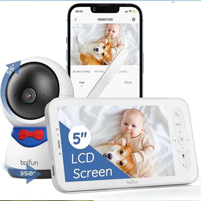 BOIFUN 1080P Telecamera per baby monitor da 5", PTZ 355 ° Monitoraggio del movimento del bambino della fotocamera e tracciamento automatico, monitor e smartphone
