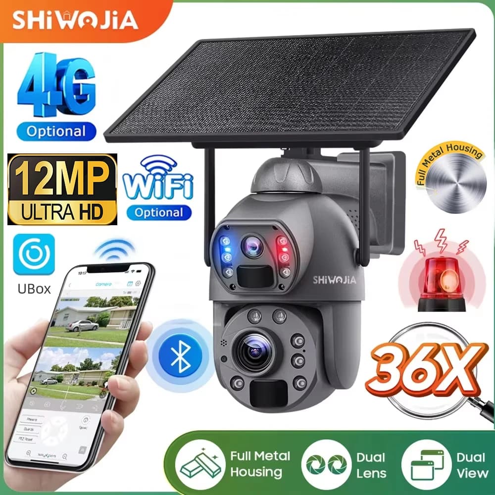 SHIWOJIA 36X ZOOM 12MP 4G SIM Telecamera solare da esterno 360 ° Telecamere di sicurezza wireless con batteria WIFI con pannello solare PIR Night Vision