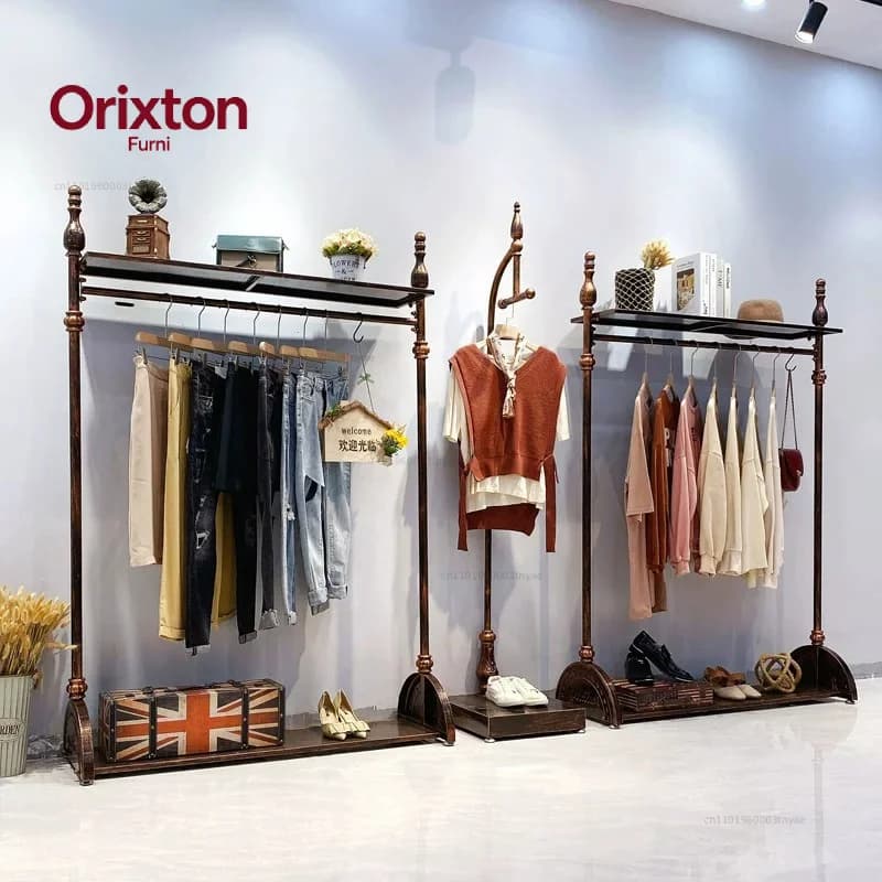 wrought iron retro clothing store hanger display rack, women's clothing store shelf, hanging clothes rack
