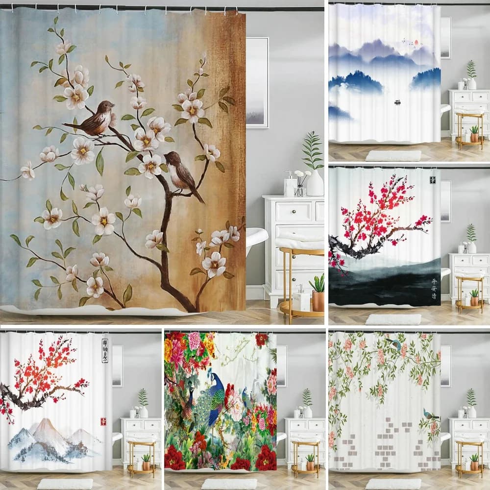 Stampa 3d Fiore cinese Uccello Inchiostro Paesaggio Tenda da doccia Bagno Tenda da bagno impermeabile con ganci Decorazione in tessuto lavabile
