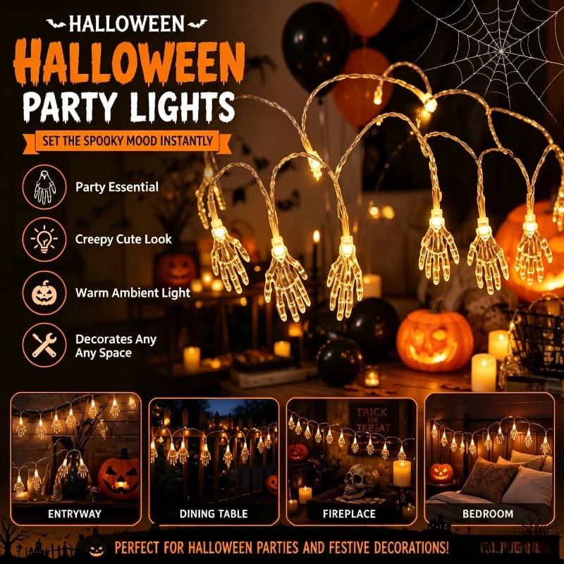 Battery Powered Halloween Skeleton Hand Lights Warm White Fairy Garland for Home Room Porch Window Festival Decoration