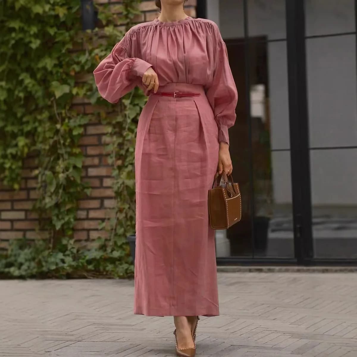 Set da donna eleganti 2026 Retro Solid O Collo Pullover a maniche lunghe Top + Gonna maxi Set a due pezzi Set di abiti da ufficio primavera estate