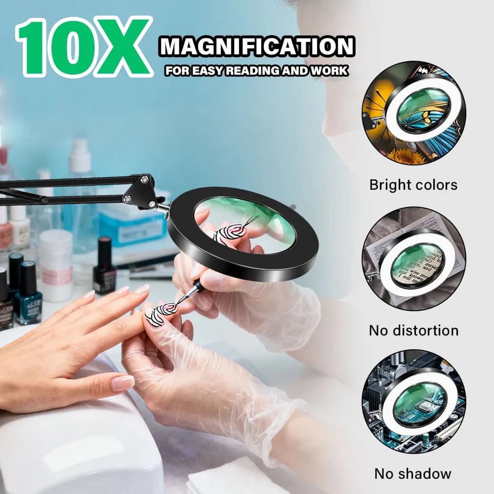 Table lamp with magnifying lens, 3 Segments arm, 10X magnification, 3 Color temperatures, 72 LED, USB power supply for electronic repairs and beauty