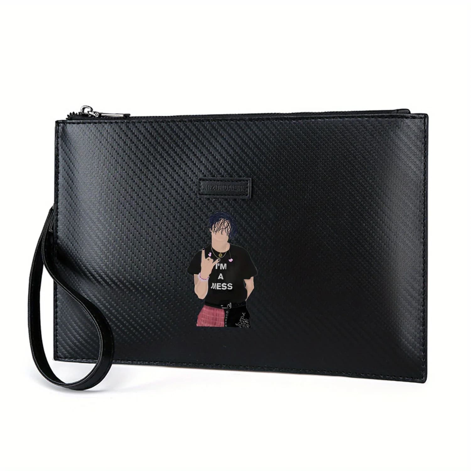 Parole della maglietta nera Una stampa di disordine Elegante borsa da uomo in PU stampata Alla moda e pratica per il trasporto quotidiano