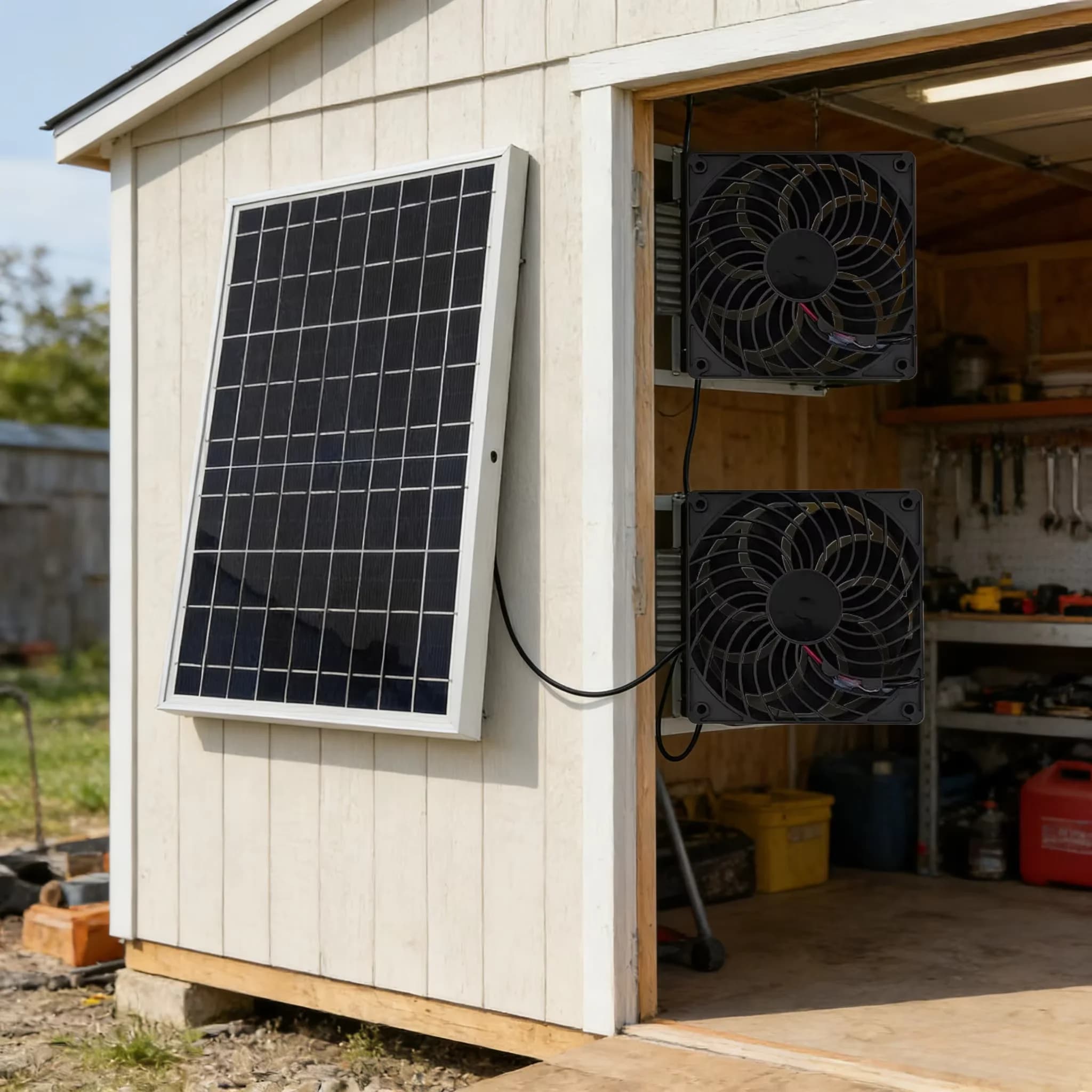 Solar Powered Dual Exhaust Fan Kit with Solar Panel, DC Ventilation Fan for Greenhouse Chicken Coop Pet House Outdoor Cooling