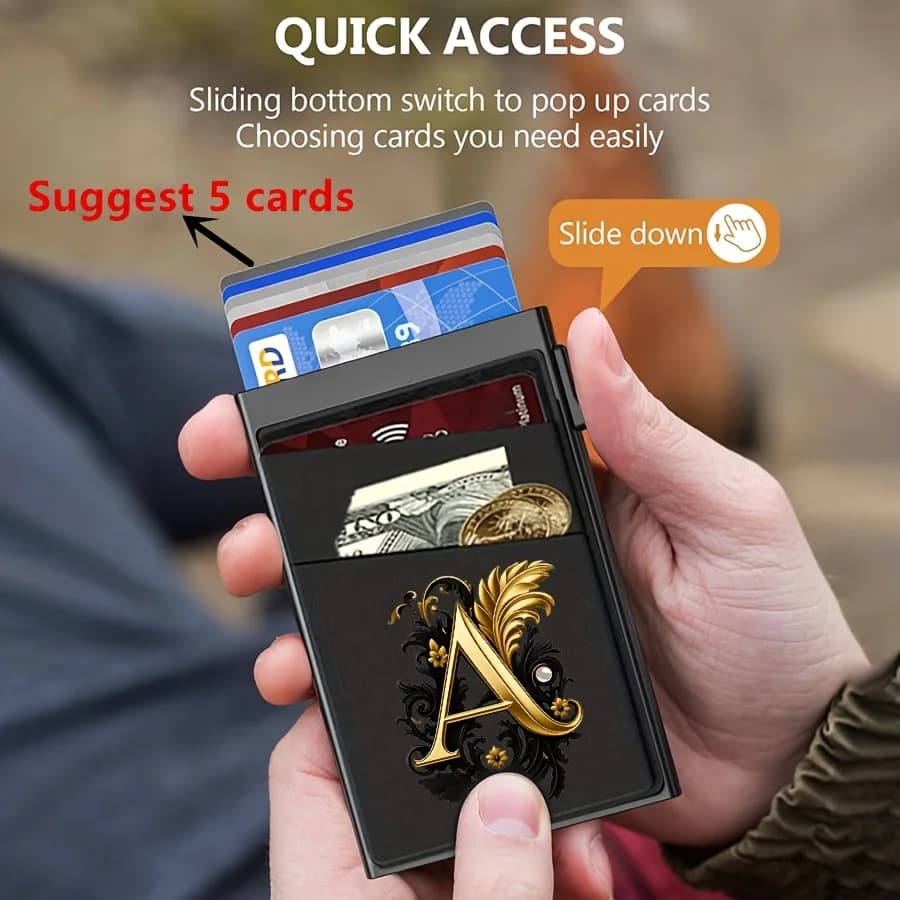 Portafoglio da uomo sottile con blocco RFID, porta carte magnetico a scomparsa, portamonete automatico - Organizer compatto con stampa 26 lettere