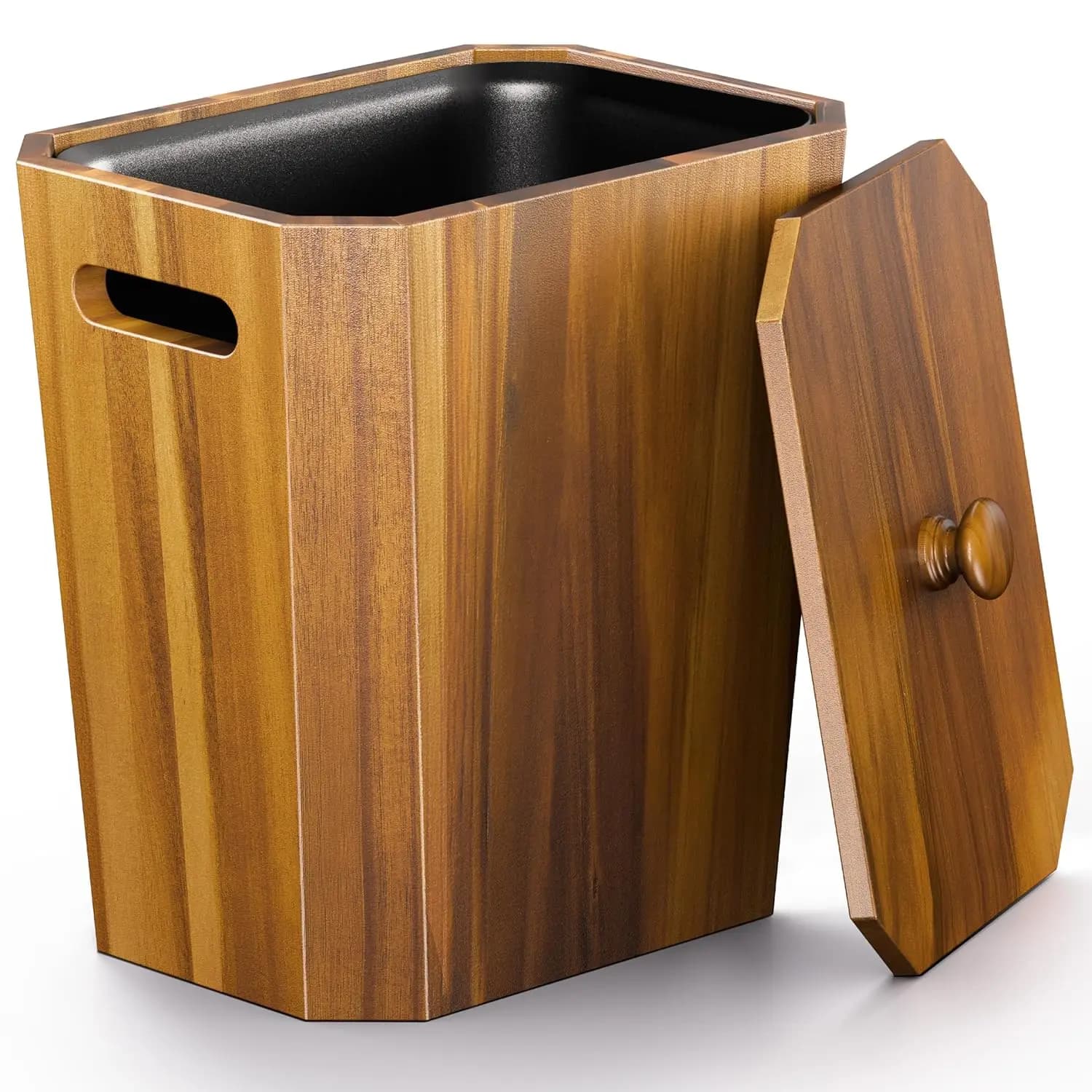 Cestino in Legno di Acacia con Coperchio e Contenitore in Plastica - Piccolo Bidone della Spazzatura per Bagno, Camera da Letto, Ufficio