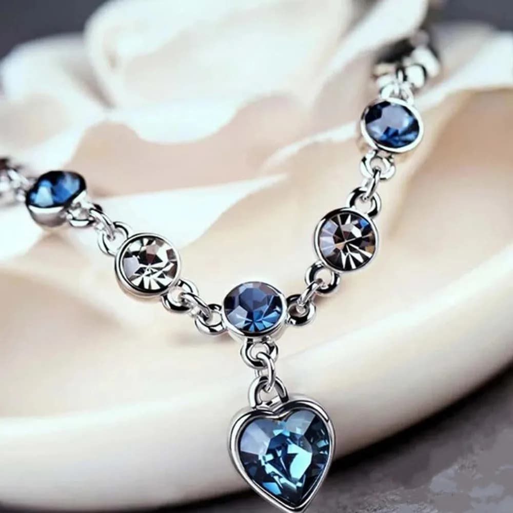 Silver Color Women's Lucky Bracelet with Blue Crystal Heart Shape Pendant, Wedding Bracelet, Engagement, Fine Jewellery
