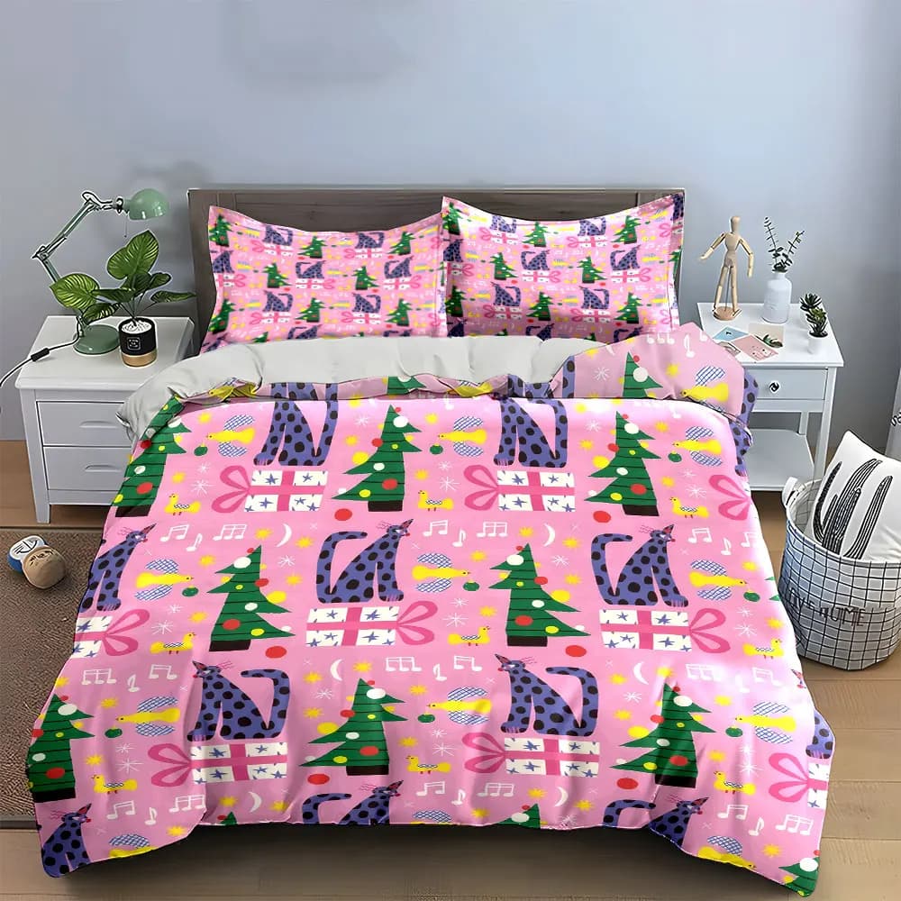 Set Regalo Decorazioni Natalizie, Set Biancheria da Letto con 1 Copripiumino e 2 Federe, Singolo, Matrimoniale, King, Queen, Regalo