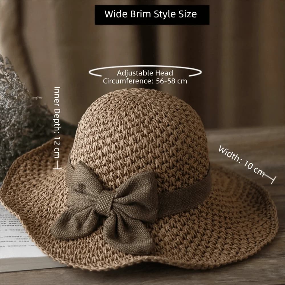 Vintage Breathable Braided Straw Hat Foldable with Bow Beach Cap UV Protection Wide Brim Sunshade Hat Summer