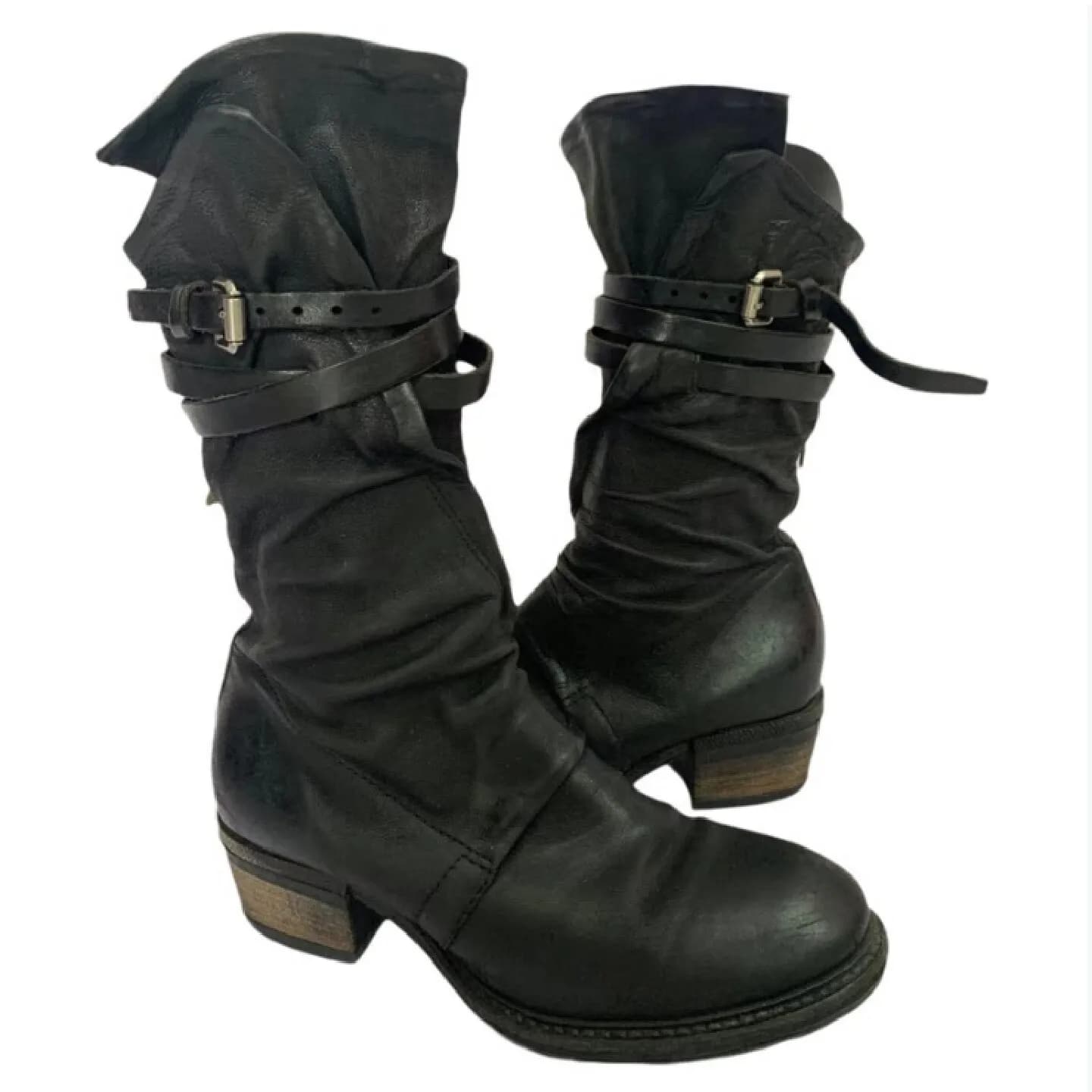 Women's Fashion Suede Leather Motorcycle Boots Round-Toe Thick-Heel Belt Buckle Mid-calf Western Cowboy Boots Zipper