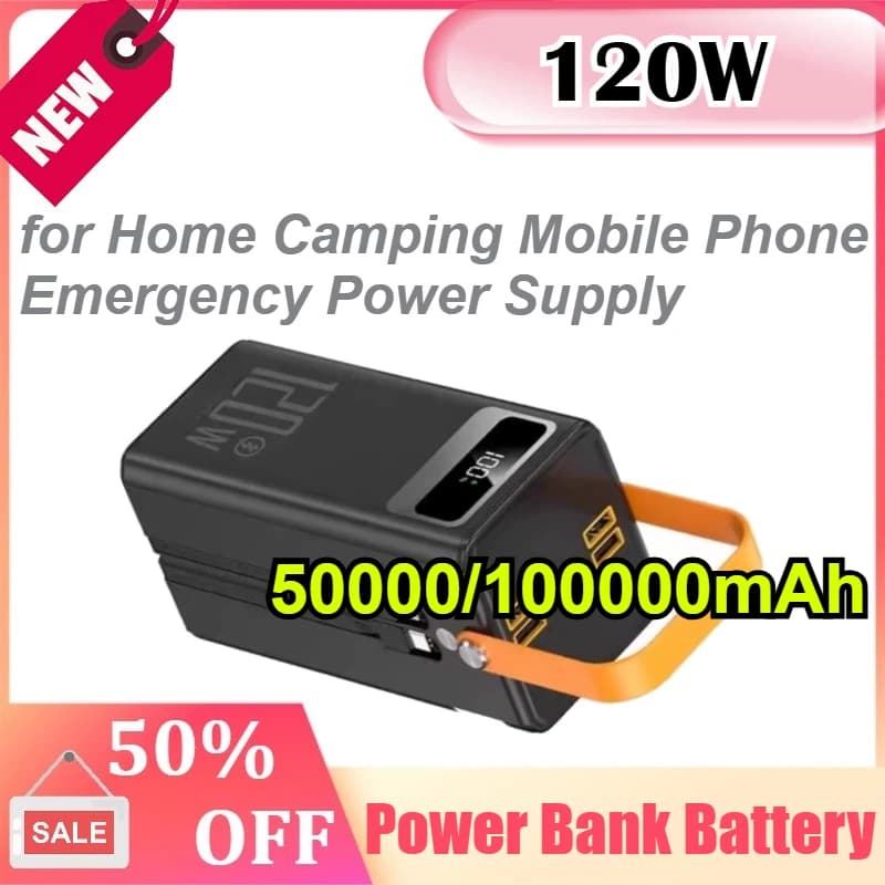 Power Bank Portatile da 50000/100000mAh 120W per Casa, Campeggio, Telefono Cellulare, Alimentazione di Emergenza, Batteria per Accumulo di Energia all'Aperto