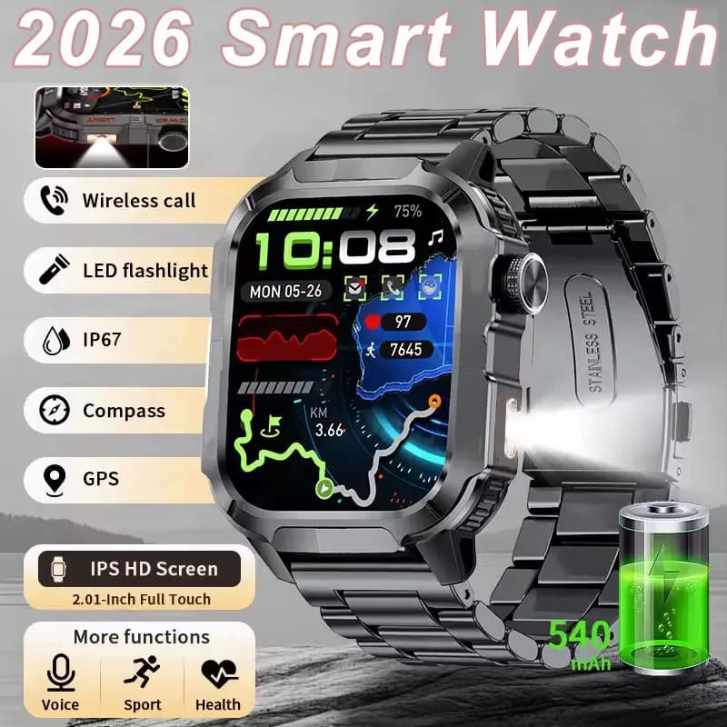 Nuovo Smartwatch da Uomo 2026 con Torcia LED, Impermeabile IP67, Orologio Sportivo da Esterno, Monitoraggio della Salute, Compatibile con iOS e Android