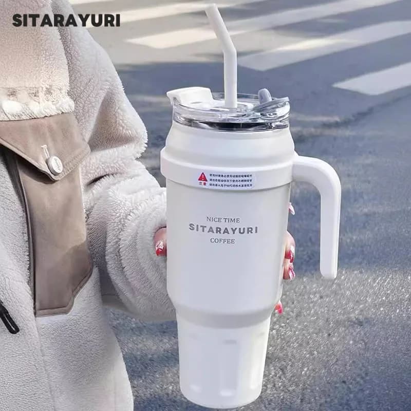 SITARAYURI 50OZ Insulation Cup Large Capacity Stainless Steel Thermos Bottle with Handle ＆ Straw Ice Tumbler Car Cup Travel