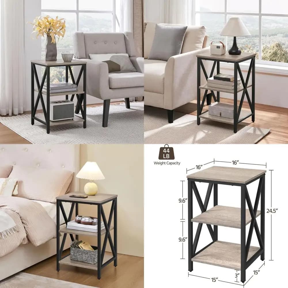 2-Piece Industrial Style 3-Tier Metal End Tables with Storage Shelves, Living Room, Easy Assembly, 16x16x24.5 in, Gray