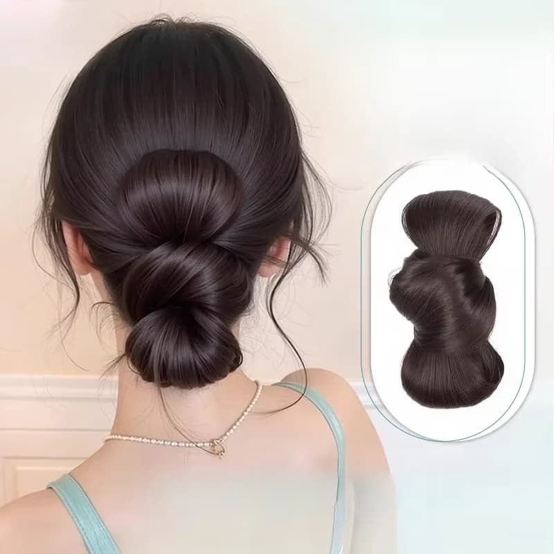 Parrucca sintetica con testa di panino con fiocco dolce Parrucca da donna elegante con testa di bocciolo di fiore naturale Accessori per capelli alla moda