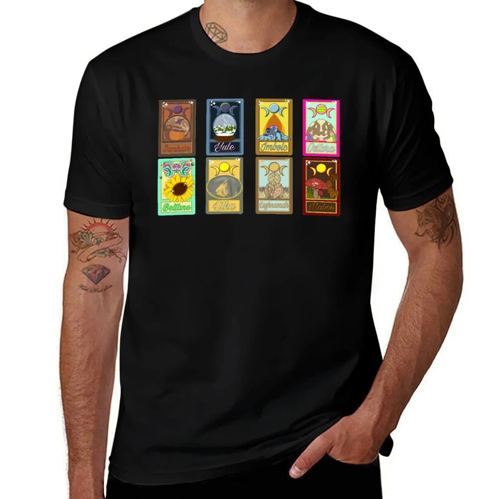 T-Shirt con stampa della Ruota dell'Anno dei Tarocchi, design grafico semplice